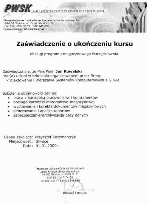 Zaświadcznie o ukończeniu kursu