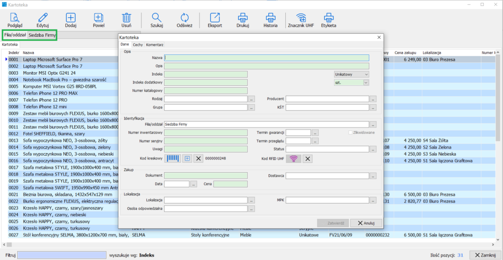 Kartoteka inwentarza w programie do inwentaryzacji