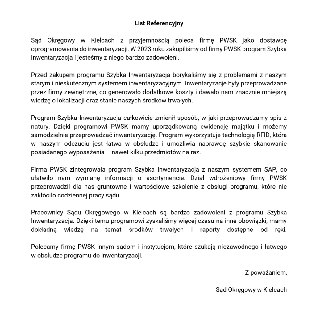 List referencyjny Sądu Okręgowego w Kielcach dla PWSK – program Szybka Inwentaryzacja