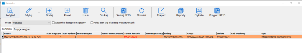 Kartoteka seryjna w Narzędziowni po połączeniu pozycji, z informacją zbiorczą o całej serii