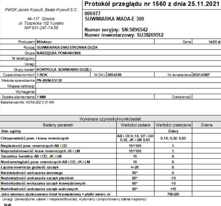 Podgląd raportu z protokołem przeglądów technicznych