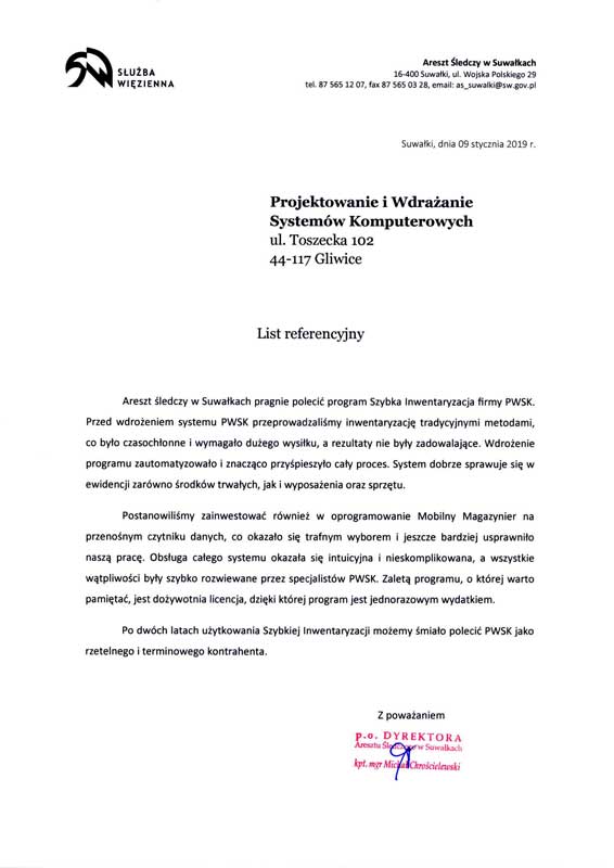 Areszt Śledczy w Suwałkach - referencje dla firmy PWSK za program Szybka inwentaryzacja