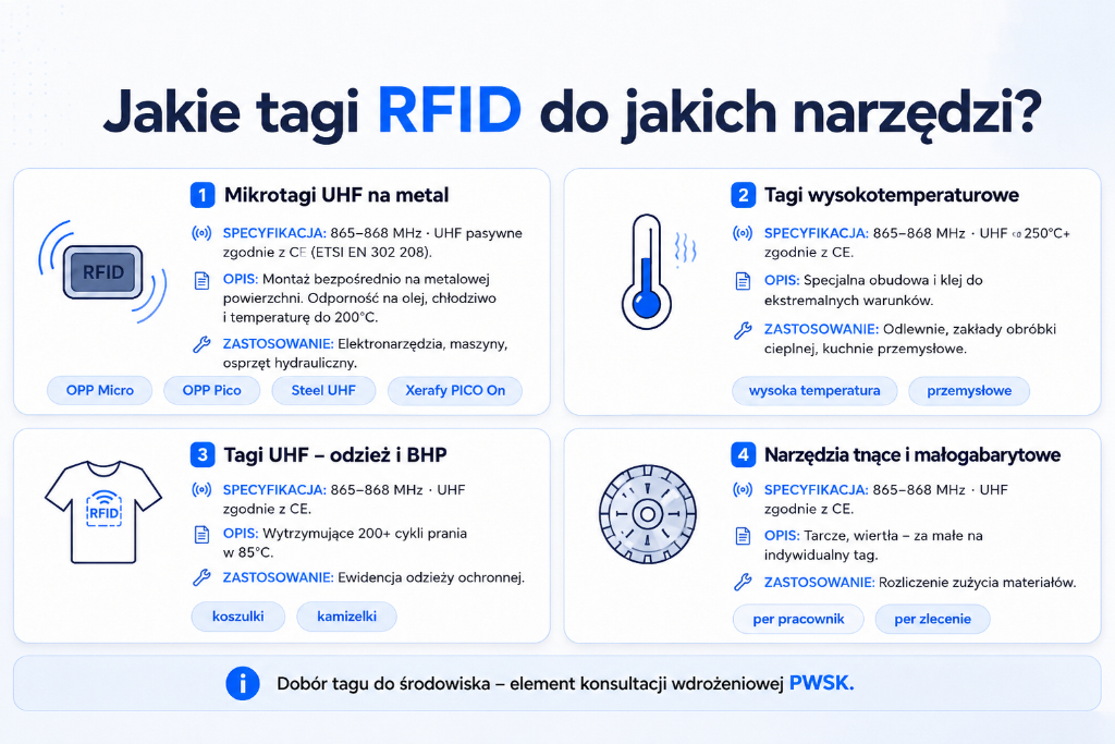 Infografika: 4 typy tagów RFID w ewidencji narzędzi – mikrotagi UHF na metal, tagi wysokotemperaturowe, tagi UHF do odzieży BHP i ewidencja narzędzi tnących na poziomie zestawu